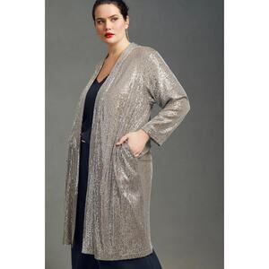 Anthropologie x Mare Mare Sequin Silver Jacket Longline Open Front Cardigan 1X